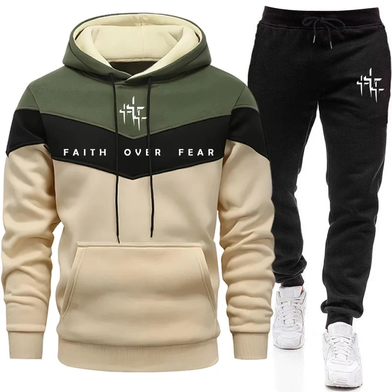 Street Fashion Outfit - Faith Over Fear メンズ トラックスーツ フード付きスウェットシャツとジョガーパンツ