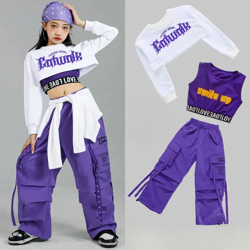 Street Fashion Outfit Girl - 子供ストリートダンス衣装子供ストリートグループジャズ服セットヒップホップガールズファッション K-POP クロップトップ紫カーゴパンツ