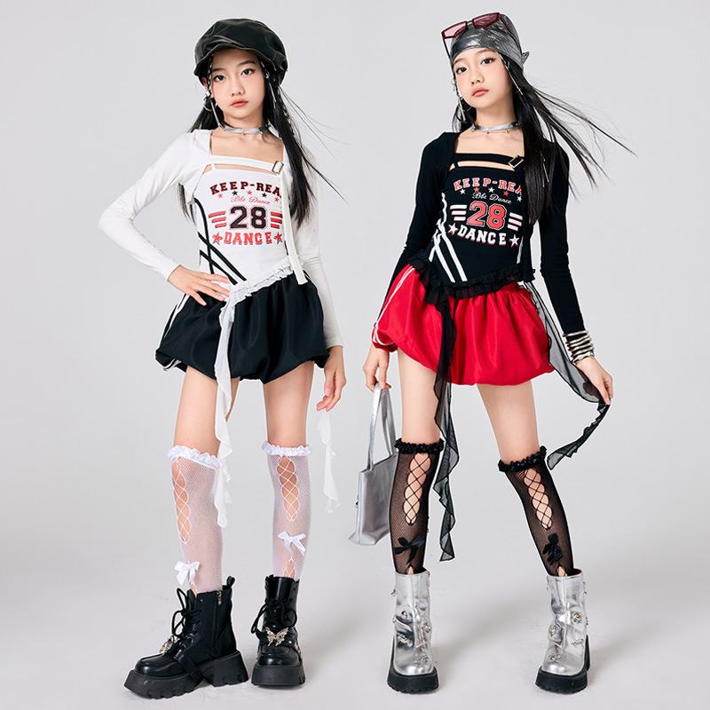 Street Fashion Outfit Girl - 新しい女の子 K-POP ジャズステージ衣装黒、白トップヒップホップダンス衣装ファッションショーステージ服ストリートセット赤いスカートパンツ