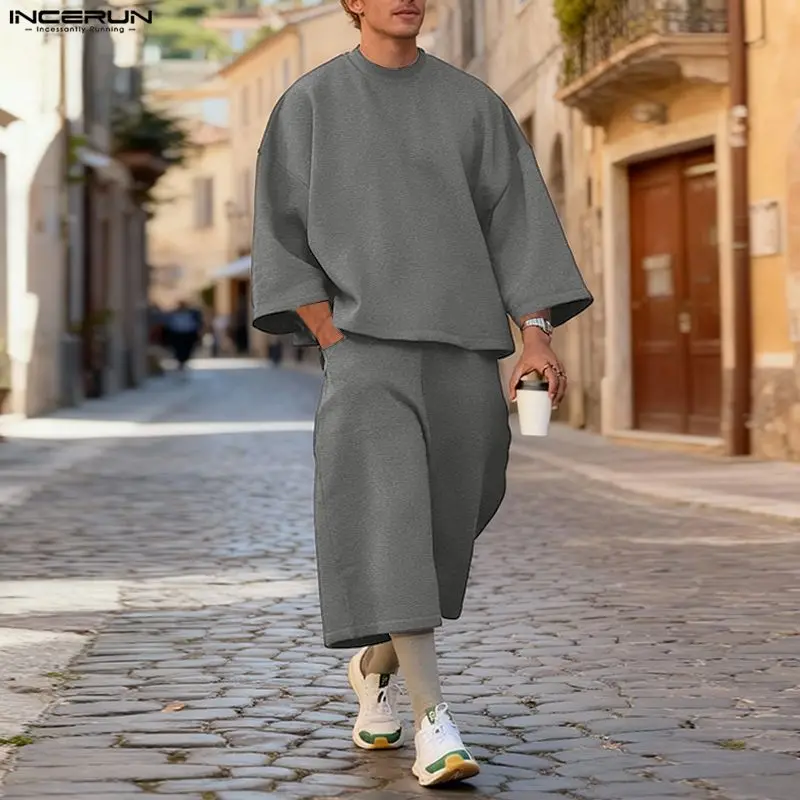 Street Summer Fashion - INCERUN メンズセット ソリッドカラー バギー 3/4 スリーブ