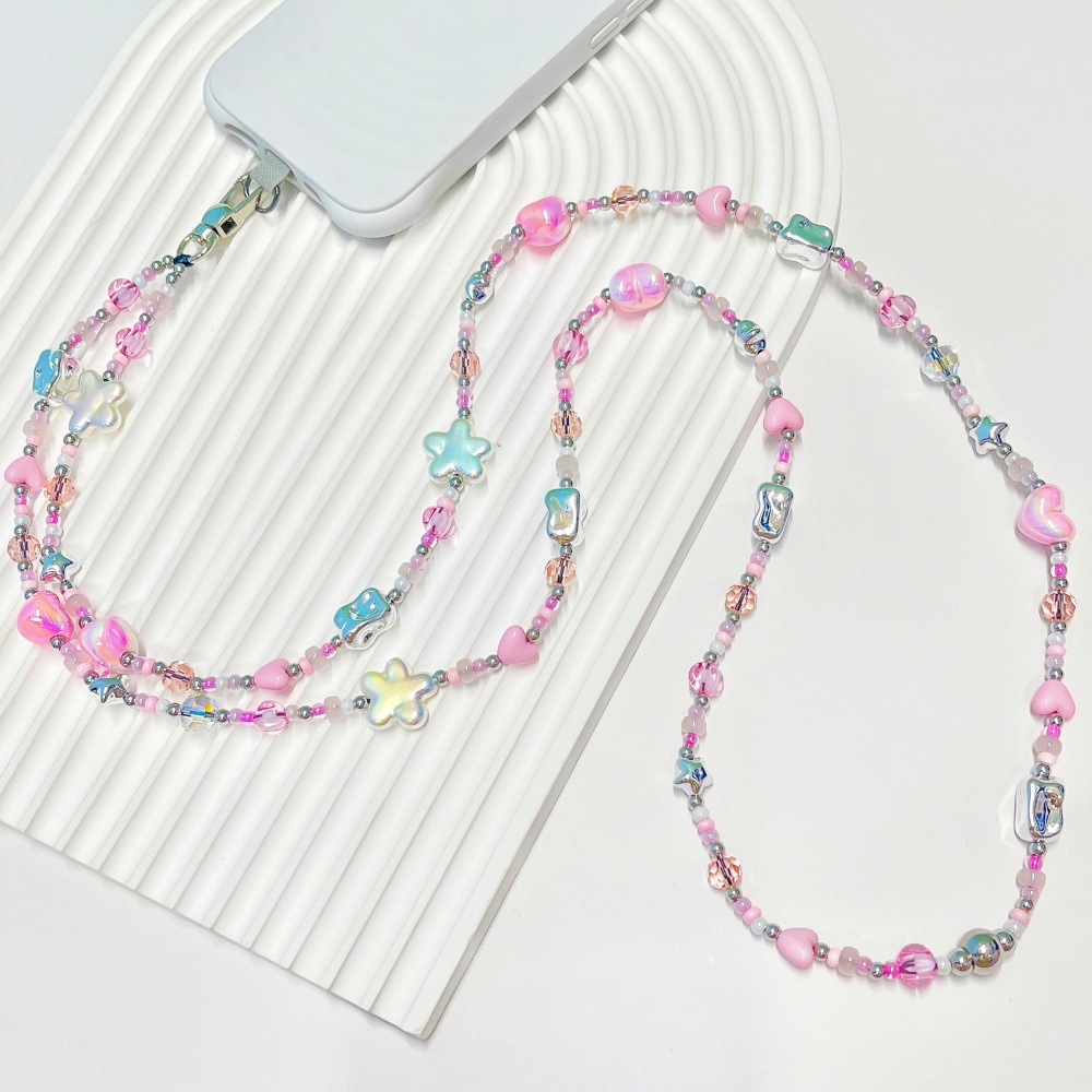 Street Fashion Necklace - HERLOOK パステル Y2K ハートスター ビーズ付き携帯電話チャーム ランヤード
