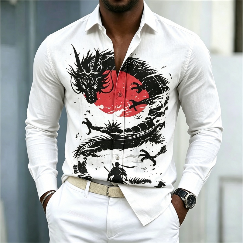 Street Fashion Clothes - 2026年新作 メンズシャツ 白黒赤のコントラスト ドラゴン柄シャツ ストリートスタイル ファッション