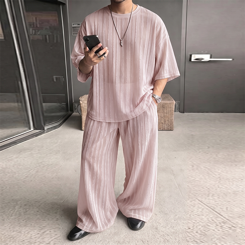 Street Fashion Clothes - INCERUN メンズセット ストライプ柄 シースルー 半袖Tシャツ パンツ