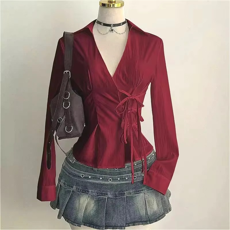 Street Fashion Necklace - ファッション長袖ブラウスセクシーな女性スリムフィットシャツ V ネック原宿オフィスレディ美的 Y2K タイウエストゴシックストリートトップス