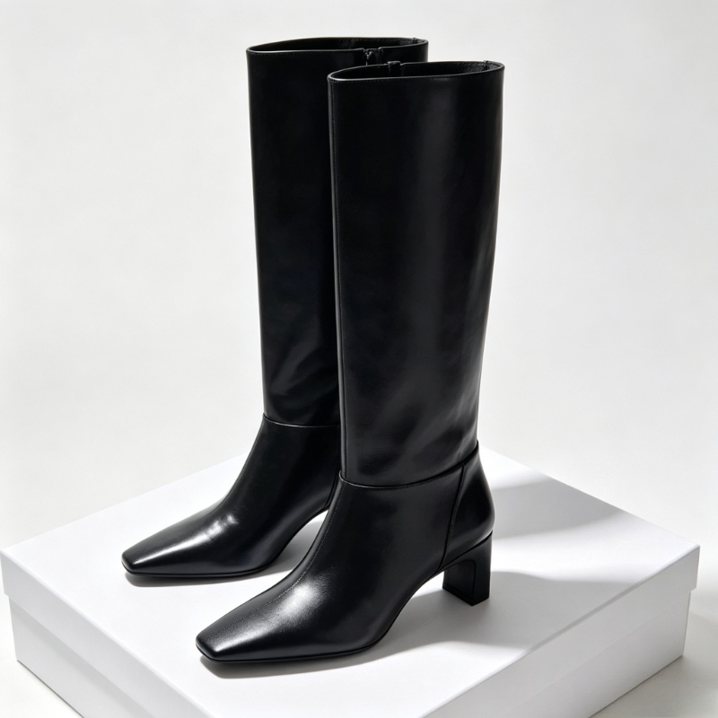Street Fashion Female - ファッションレザーキトゥンヒールレディースブーツブランド冬用スクエアトゥロングブーツ女性用縫製ブラックデザイナーブーツボッテスファム