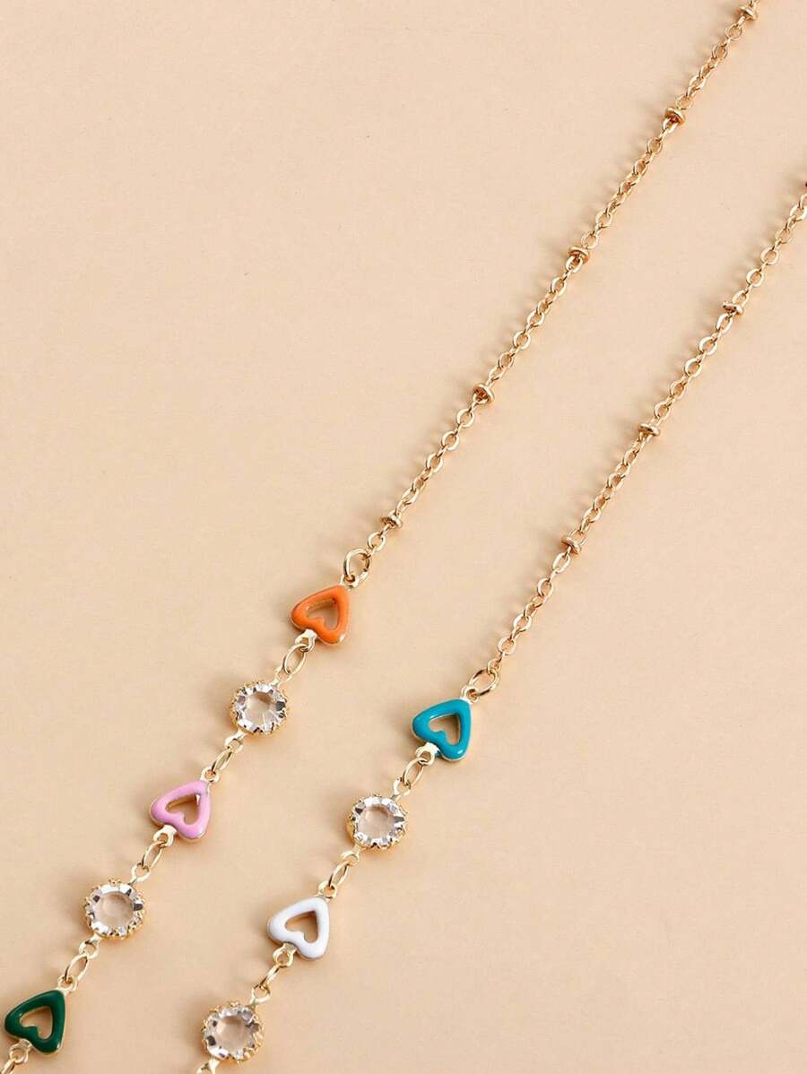 Street Fashion Necklace - 1pc 眼鏡用滑り止めロープ、手作りのドロップグレーズ付き、カラフルなハート型とラインストーンがちりばめられたチェーン、マスクやメガネ用、ストリート用