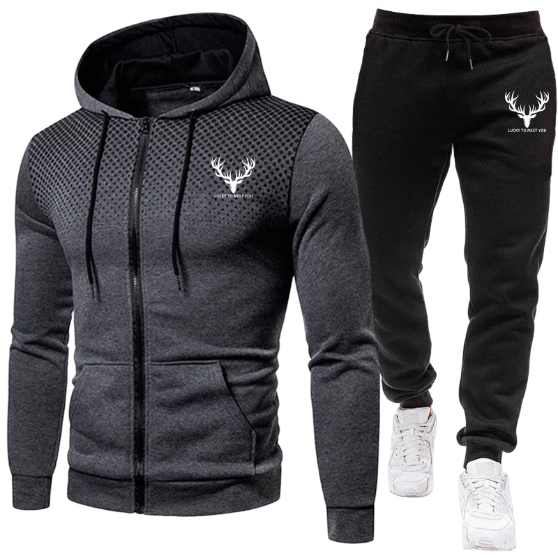 Street Fashion Outfit - 2026新作 メンズセット ジップアップパーカーと黒のスウェットパンツ 秋冬 デイリーカジュアルファッション スポーツウェア