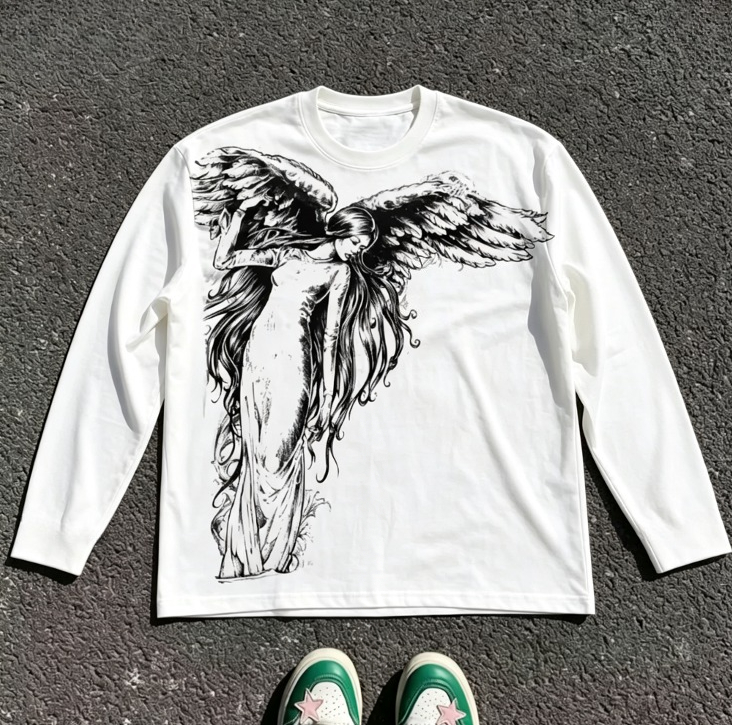 Street Fashion Clothes - ゴシックウィング柄長袖Tシャツ ポリエステル繊維 ラウンドネック ルーズフィットTシャツ ストリートウェア カジュアルトップス
