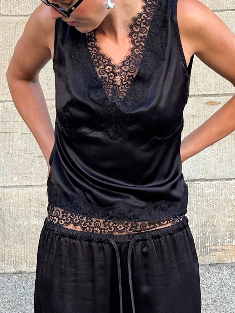 Street Fashion Necklace - カジュアルVネックベストトップ＆ロングパンツ 夏のアウトフィット ハイストリート レース セクシー レディース