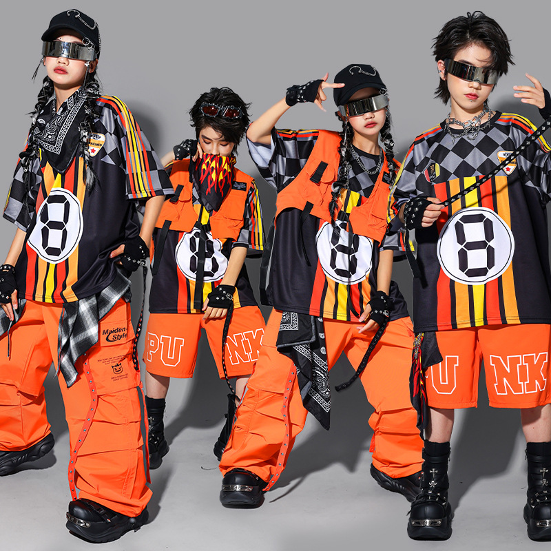 Street Fashion Outfit Girl - 男の子用ヒップホップファッションK-POPストライプトップスオレンジカーゴパンツ、女の子用ストリートダンスショートパンツ、グループストリートウェアジャズ服セット