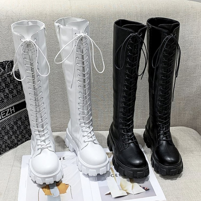 Street Fashion Female - 女性用ニーハイブーツ、レースアップコンバットブーツ、プラットフォームラグソール、ラウンドトゥ、サイドジッパー、トール丈、冬用ストリートウェアフットウェア、黒と白