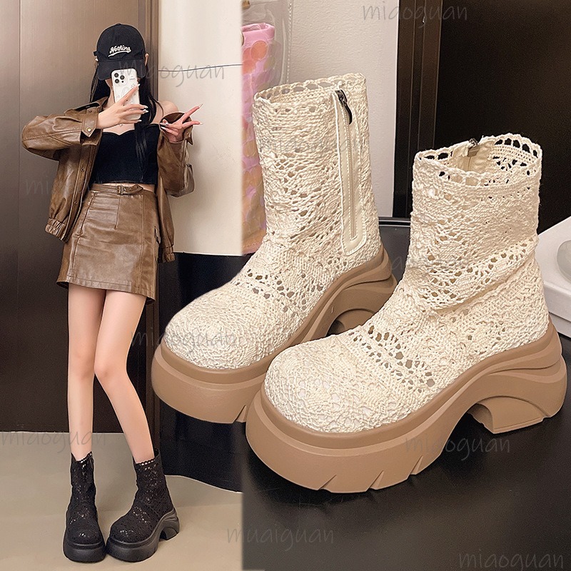 秋のプラットフォーム厚底女性アンクルブーツファッション中空ア - Street Fashion Outfit のレビューと価格