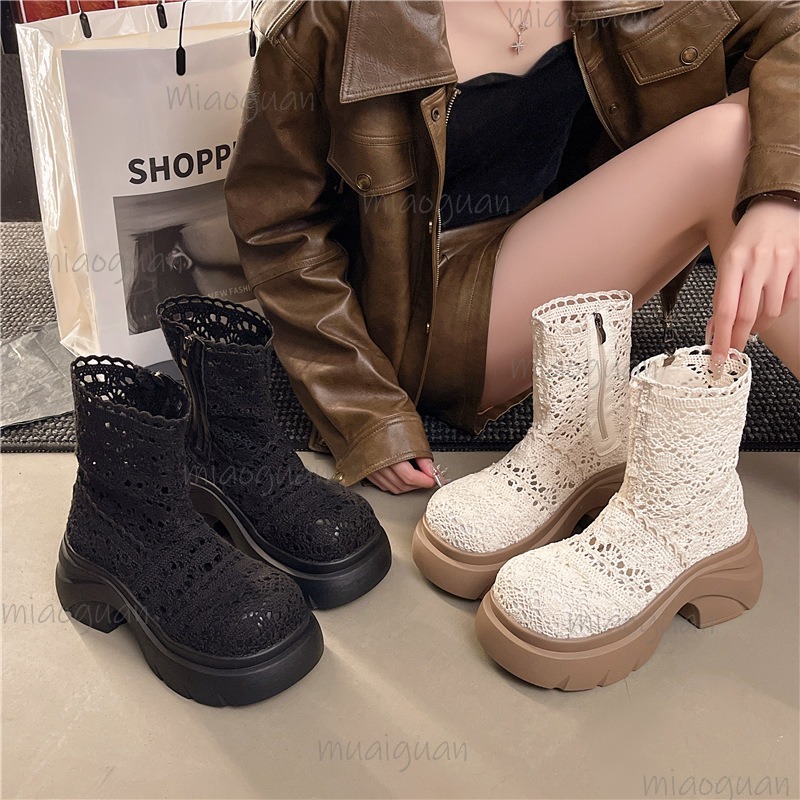秋のプラットフォーム厚底女性アンクルブーツファッション中空ア - Street Fashion Outfit のレビューと価格