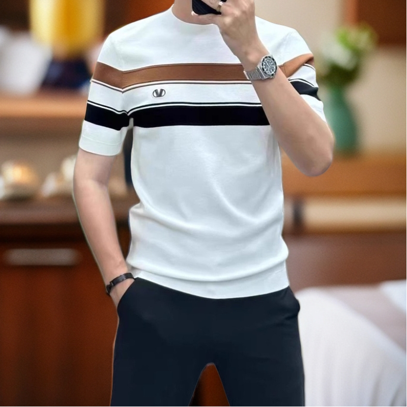 男性用の快適でカジュアルなTシャツ,ストライプのラウンドネッ - Street Fashion Now のレビューと価格