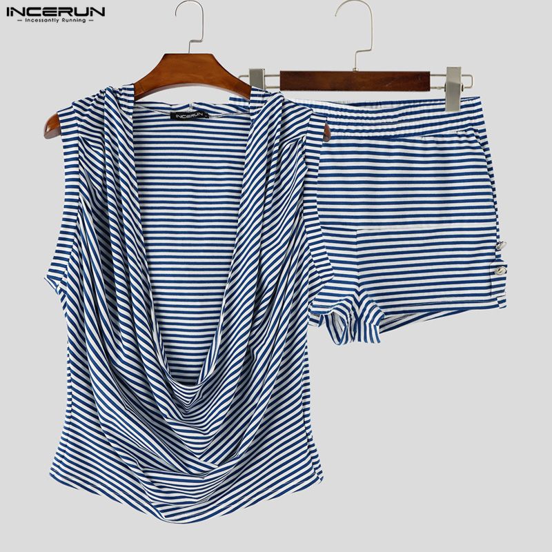 INCERUN 男性ストライプセット夏フード付きノースリーブ - Street Summer Fashion のレビューと価格