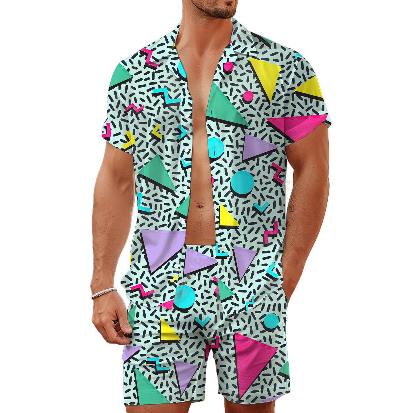 夏用不規則幾何学模様3Dプリントメンズシャツセットファッショ - Street Fashion Clothes のレビューと価格