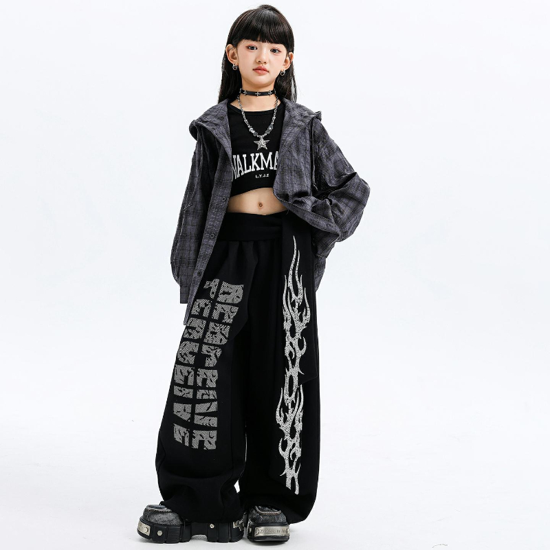 女の子ジャズダンス衣装フード付きチェック柄シャツレザーパンツ - Street Fashion Outfit Girl のレビューと価格