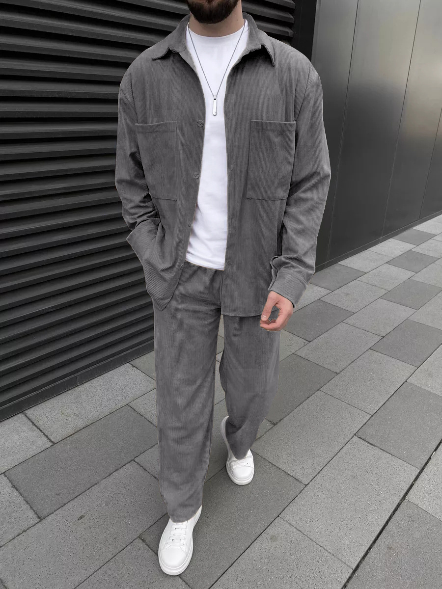 メンズコーデュロイツーピースセット：長袖ボタンダウンシャツと - Street Fashion Outfit のレビューと価格