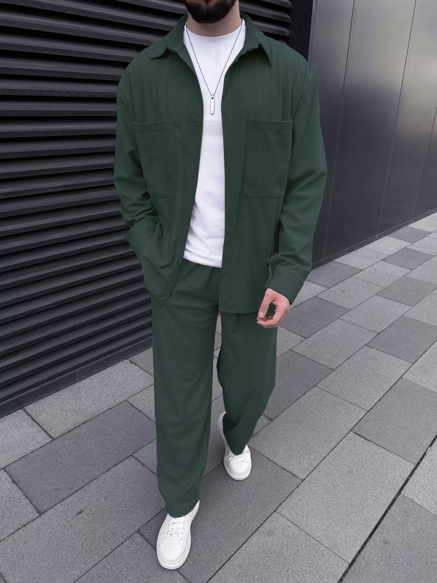 メンズコーデュロイツーピースセット：長袖ボタンダウンシャツと - Street Fashion Outfit のレビューと価格