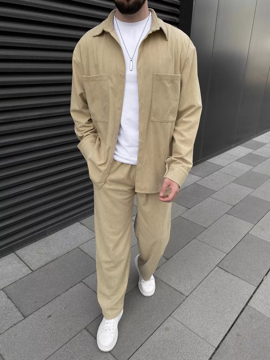 メンズコーデュロイツーピースセット：長袖ボタンダウンシャツと - Street Fashion Outfit のレビューと価格