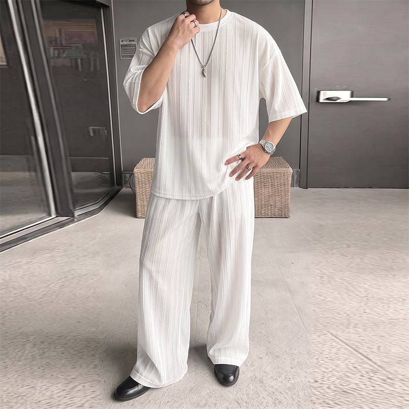 INCERUN メンズセット ストライプ柄 シースルー 半袖 - Street Fashion Clothes のレビューと価格