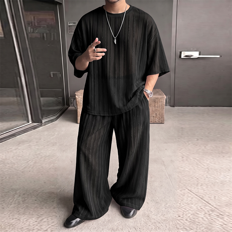 INCERUN メンズセット ストライプ柄 シースルー 半袖 - Street Fashion Clothes のレビューと価格