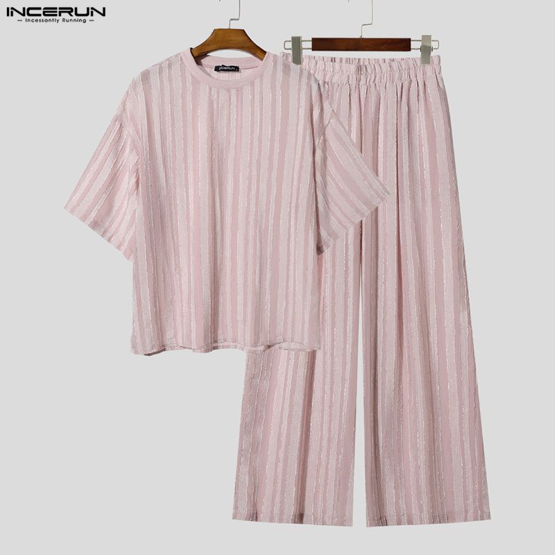 INCERUN メンズセット ストライプ柄 シースルー 半袖 - Street Fashion Clothes のレビューと価格