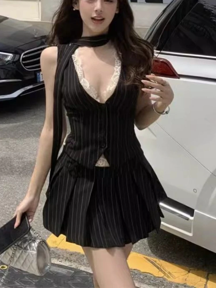 セクシーレースレトロ2ピースセット レディース ストライプV - Street Fashion Necklace のレビューと価格