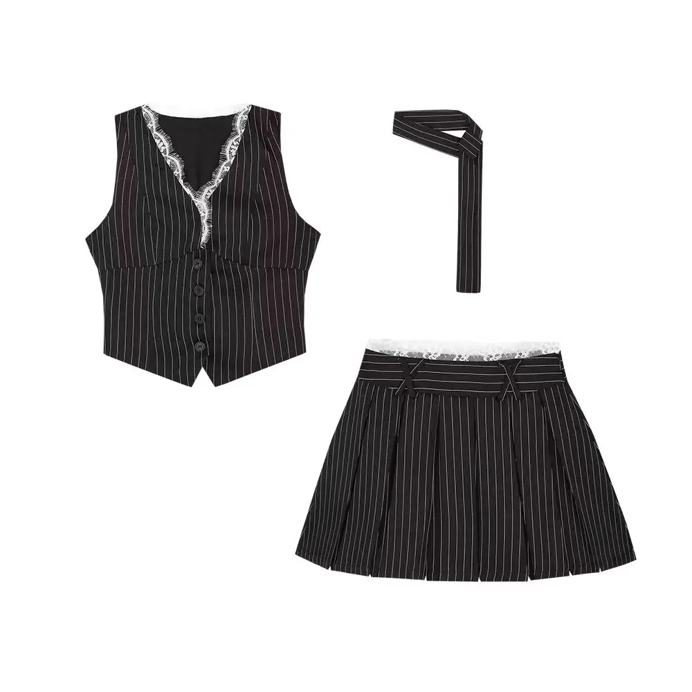 セクシーレースレトロ2ピースセット レディース ストライプV - Street Fashion Necklace のレビューと価格