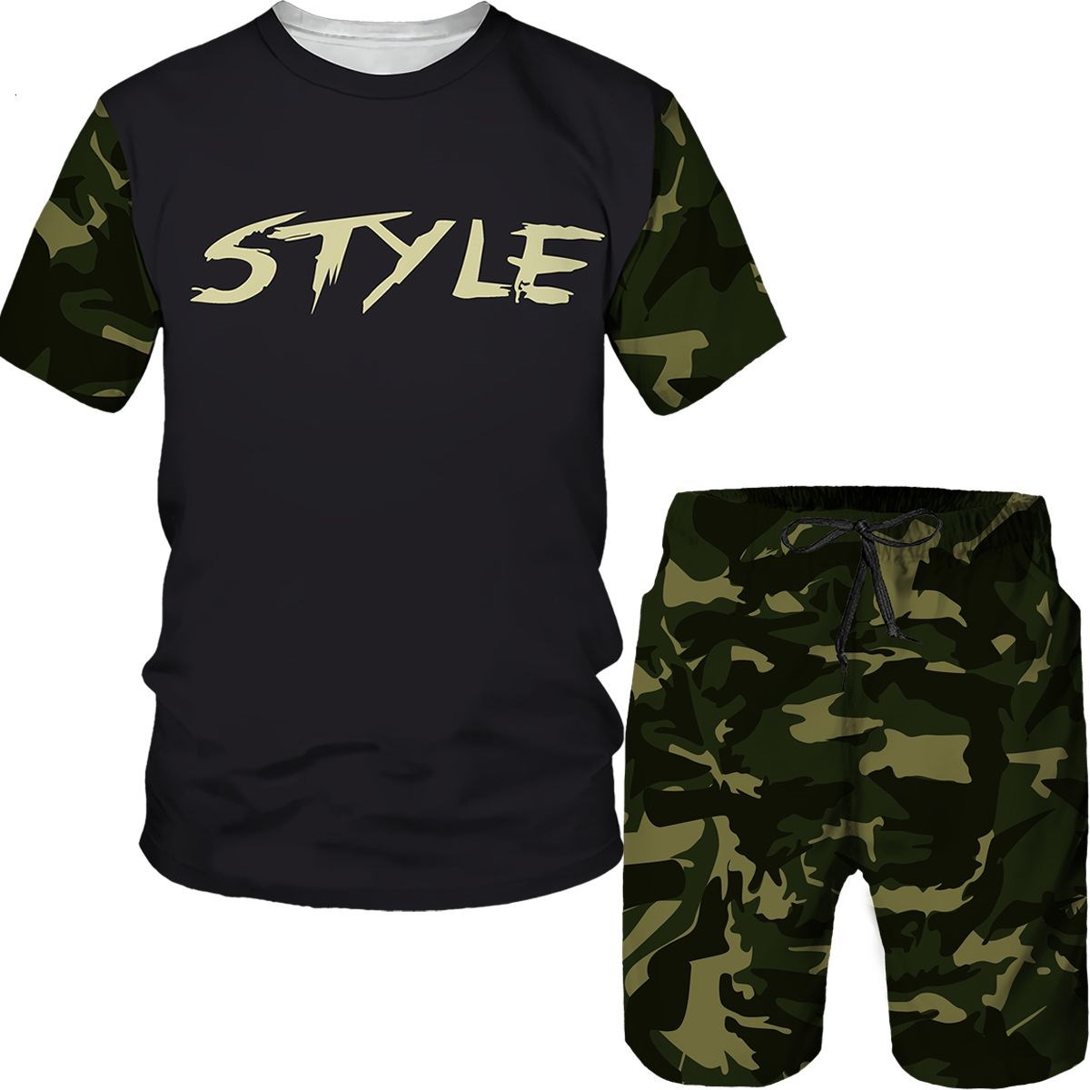 迷彩メンズスーツ迷彩 3D プリント T シャツショーツ 2 - Street Summer Fashion のレビューと価格