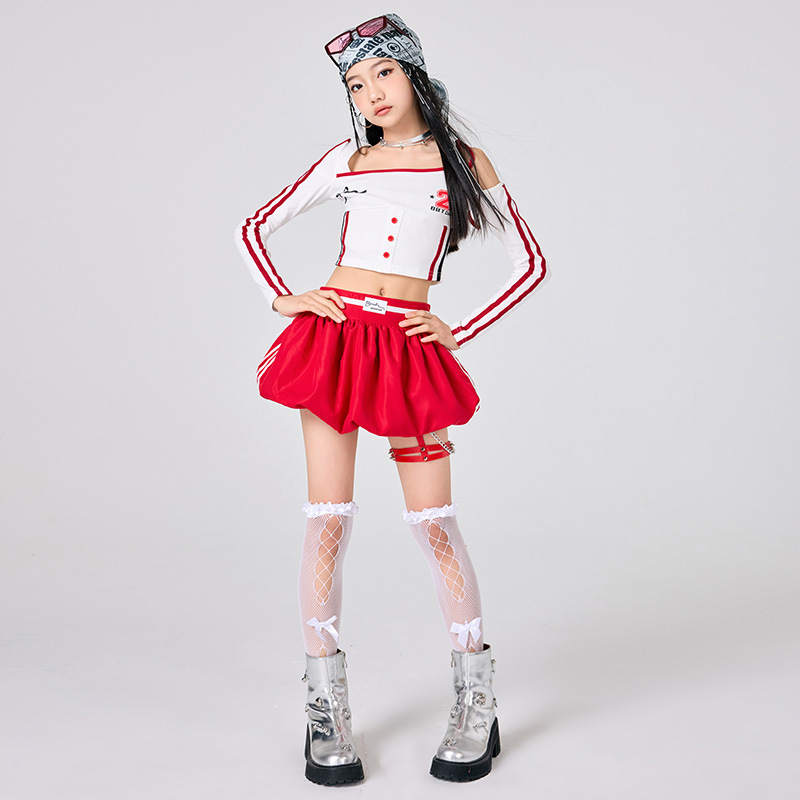 女の子ヒップホップ服白トップ赤スカートジャズダンスパフォーマ - Street Fashion Outfit Girl のレビューと価格