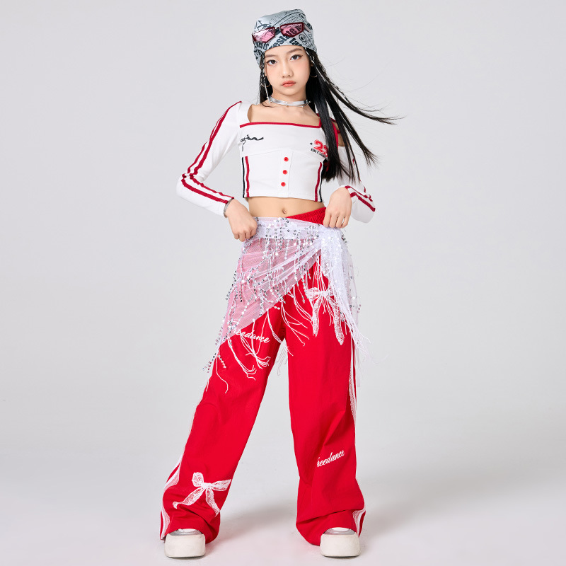 女の子ヒップホップ服白トップ赤スカートジャズダンスパフォーマ - Street Fashion Outfit Girl のレビューと価格