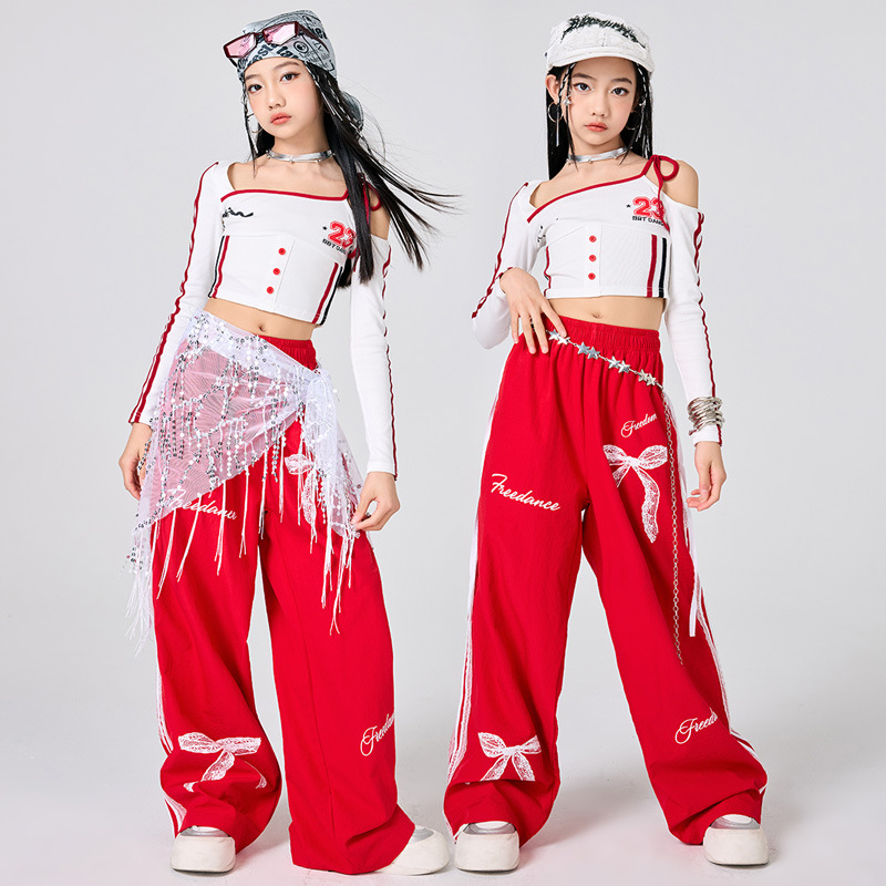 女の子ヒップホップの服白トップ赤スカートジャズダンスパフォー - Street Fashion Outfit Girl のレビューと価格