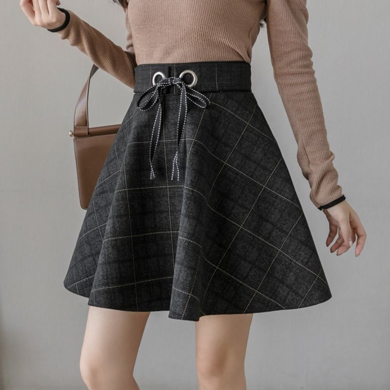 ハイウエストチェック柄ヴィンテージショートスカート女性秋今韓 - Street Fashion Now のレビューと価格