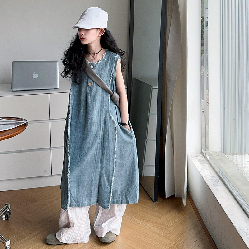 ルーズスタイル子供高級夏のデニムドレス十代の少女のためのハイ - Street Fashion Outfit Girl のレビューと価格