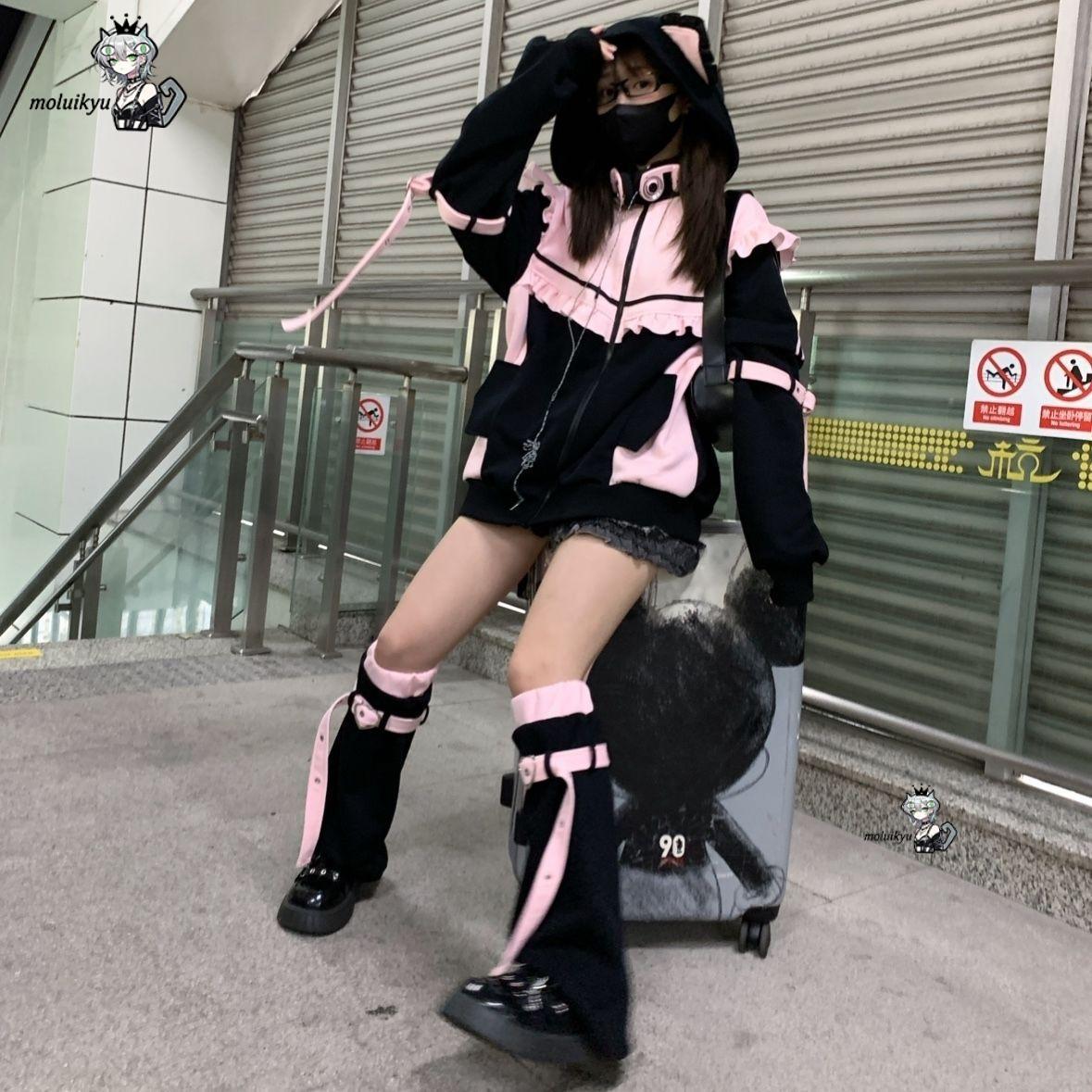 Y2K カワイイ猫耳パーカー レディース ピンク ブラック  - Street Fashion Harajuku のレビューと価格
