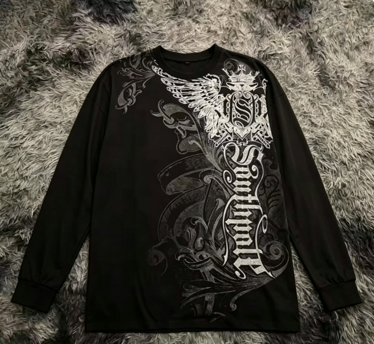 ゴシックウィング柄長袖Tシャツ ポリエステル繊維 ラウンドネ - Street Fashion Clothes のレビューと価格